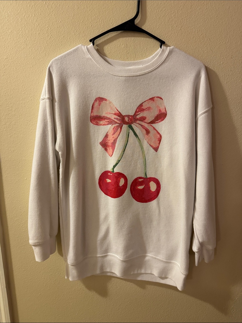 art class White Sweatshirt with Red Cherry and Pink Bow Graphic